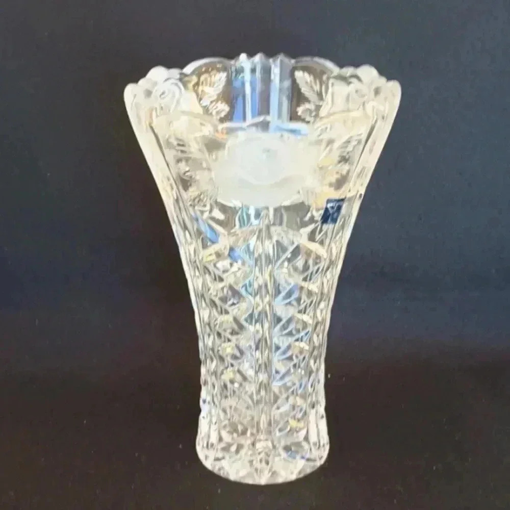 Vintage West German Fine Crystal Vase with Frosted Roses 24% Leaded